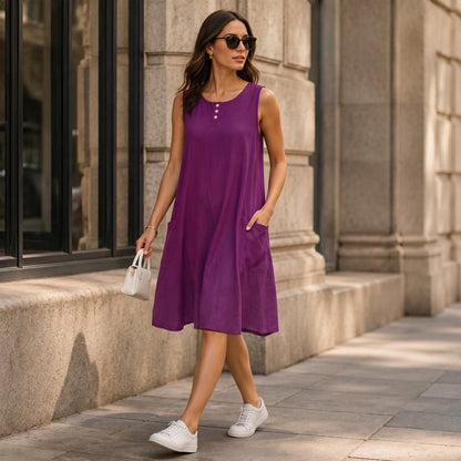 🌿Vestido largo sem mangas em algodão e linho com bolsos