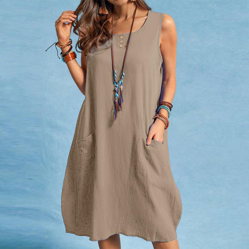 🌿Vestido largo sem mangas em algodão e linho com bolsos