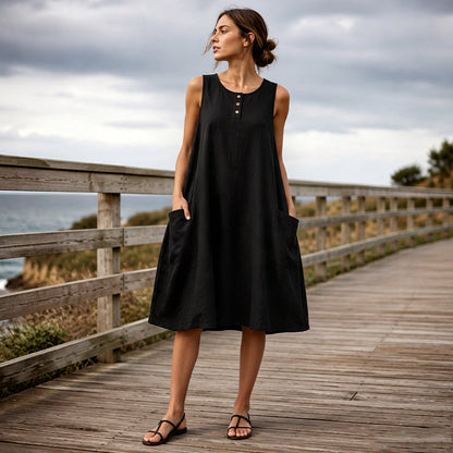 🌿Vestido largo sem mangas em algodão e linho com bolsos