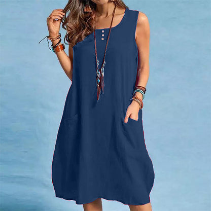 🌿Vestido largo sem mangas em algodão e linho com bolsos