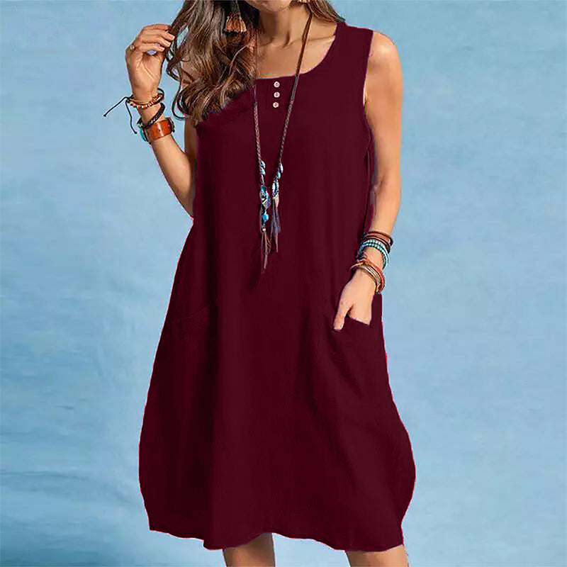 🌿Vestido largo sem mangas em algodão e linho com bolsos
