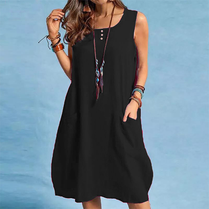 🌿Vestido largo sem mangas em algodão e linho com bolsos