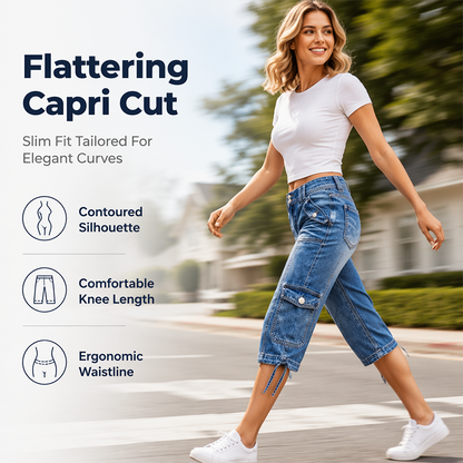 👖 Calça capri cargo vintage com bainha ajustável por cordão – Bolsos funcionais e estilo descontraído para os dias na cidade