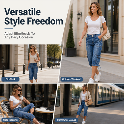 👖 Calça capri cargo vintage com bainha ajustável por cordão – Bolsos funcionais e estilo descontraído para os dias na cidade