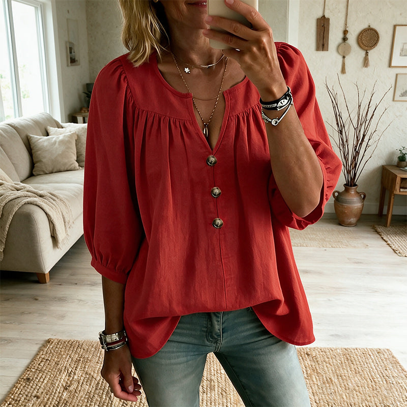 ✨ 50% de Desconto Blusa com Decote em V e Mangas 3/4 Elegantes – Suave, Respirável e Cheia de Estilo 💕