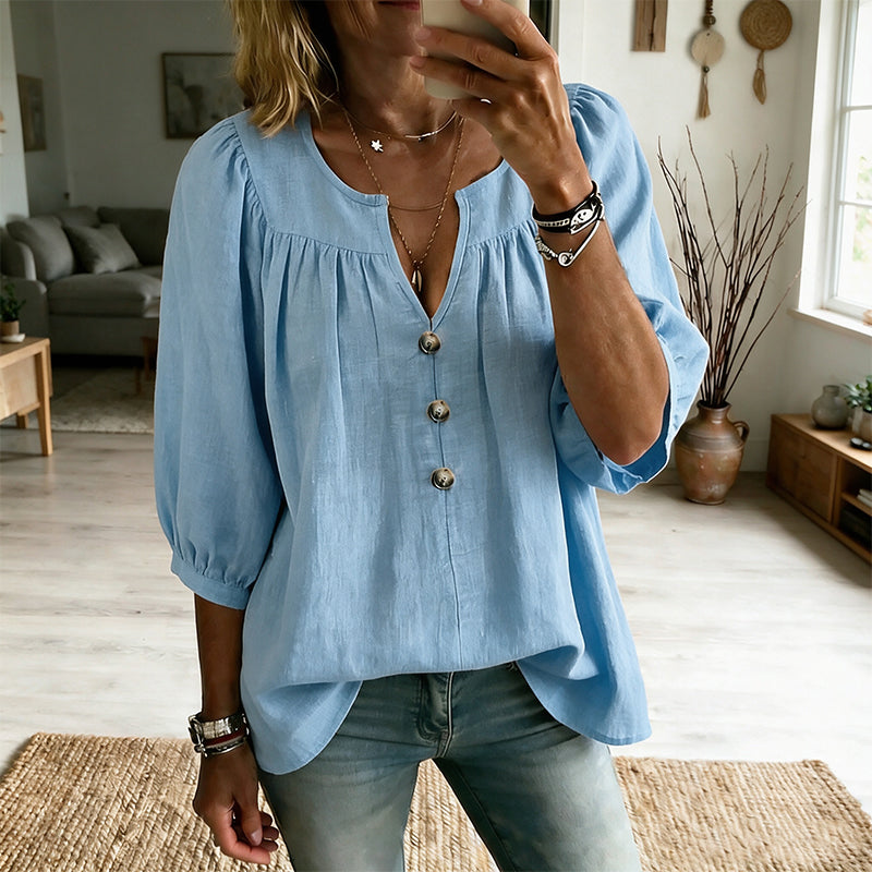 ✨ 50% de Desconto Blusa com Decote em V e Mangas 3/4 Elegantes – Suave, Respirável e Cheia de Estilo 💕