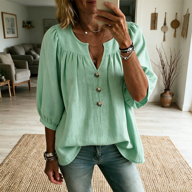 ✨ 50% de Desconto Blusa com Decote em V e Mangas 3/4 Elegantes – Suave, Respirável e Cheia de Estilo 💕