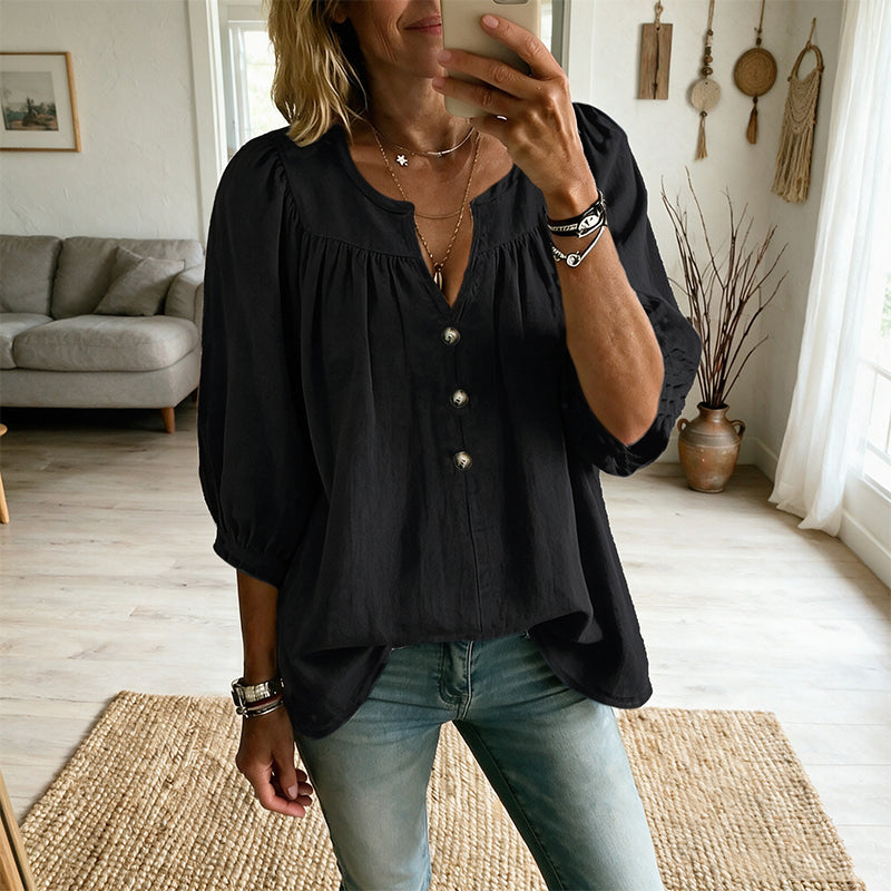 ✨ 50% de Desconto Blusa com Decote em V e Mangas 3/4 Elegantes – Suave, Respirável e Cheia de Estilo 💕