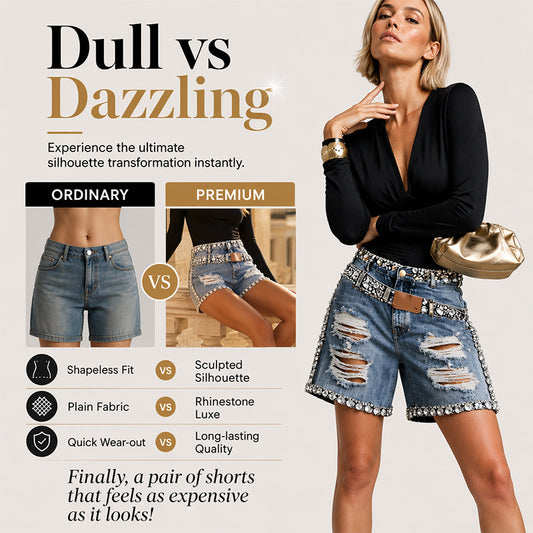 🔥 50% DE DESCONTO ✨ Calções de Ganga Femininos – Detalhes com Strass & Estilo Marcante 💎