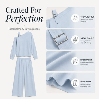 ✨Novidades e Ofertas Especiais – Conjunto feminino elegante composto por um top de um ombro só e calças de perna larga