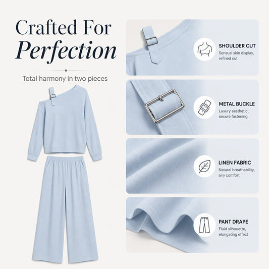 ✨Novidades e Ofertas Especiais – Conjunto feminino elegante composto por um top de um ombro só e calças de perna larga