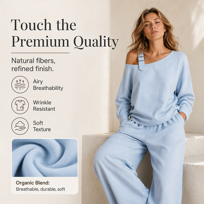 ✨Novidades e Ofertas Especiais – Conjunto feminino elegante composto por um top de um ombro só e calças de perna larga