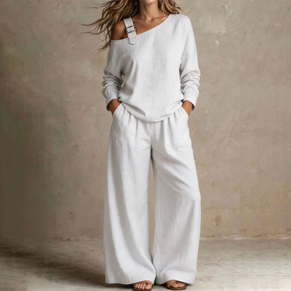 ✨Novidades e Ofertas Especiais – Conjunto feminino elegante composto por um top de um ombro só e calças de perna larga