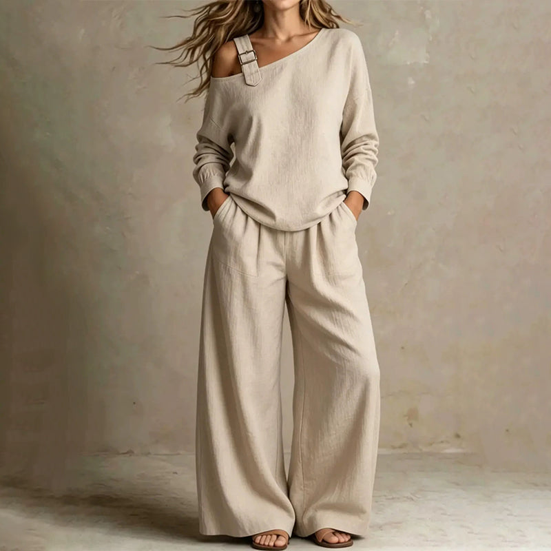 ✨Novidades e Ofertas Especiais – Conjunto feminino elegante composto por um top de um ombro só e calças de perna larga