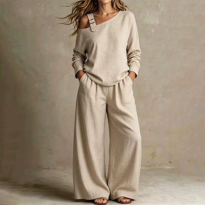 ✨Novidades e Ofertas Especiais – Conjunto feminino elegante composto por um top de um ombro só e calças de perna larga