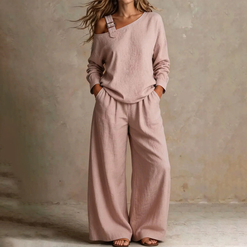 ✨Novidades e Ofertas Especiais – Conjunto feminino elegante composto por um top de um ombro só e calças de perna larga