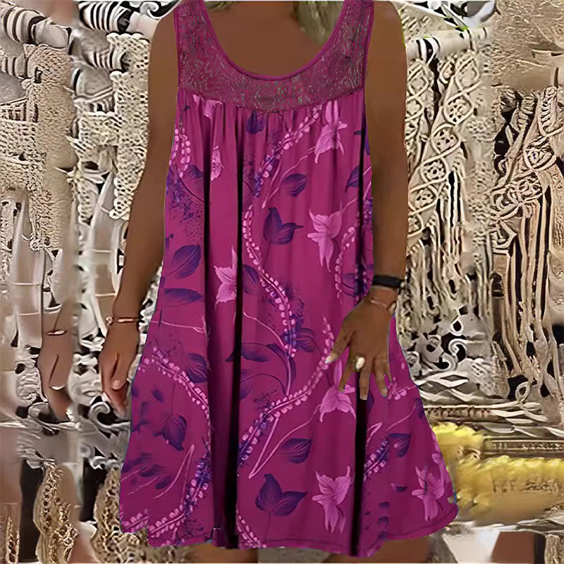 Vestido feminino sem mangas, com gola redonda e estampa