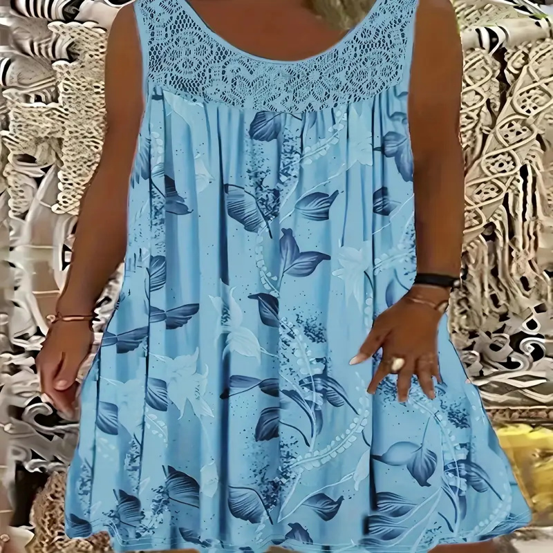 Vestido feminino sem mangas, com gola redonda e estampa