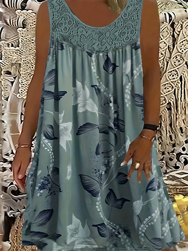Vestido feminino sem mangas, com gola redonda e estampa