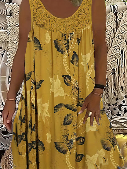 Vestido feminino sem mangas, com gola redonda e estampa