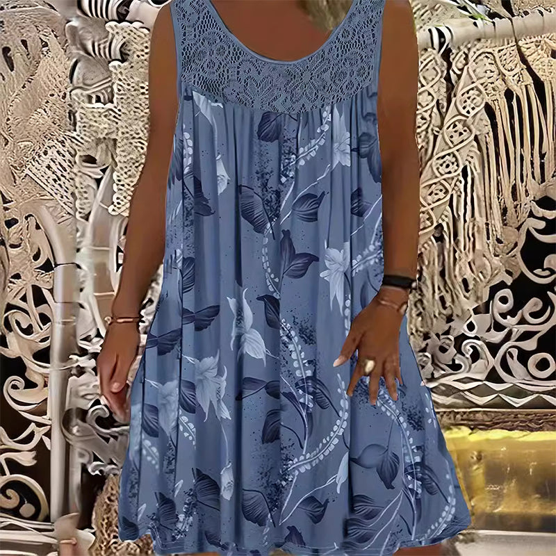 Vestido feminino sem mangas, com gola redonda e estampa