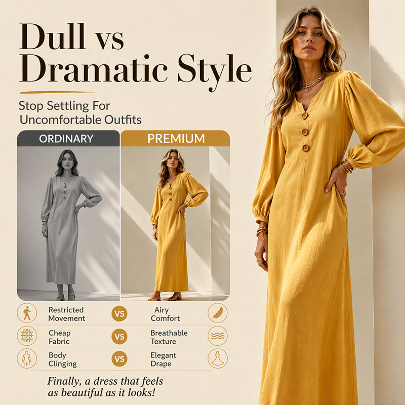 ✨👗Vestido maxi casual de decote em V para mulher, com mangas bufantes