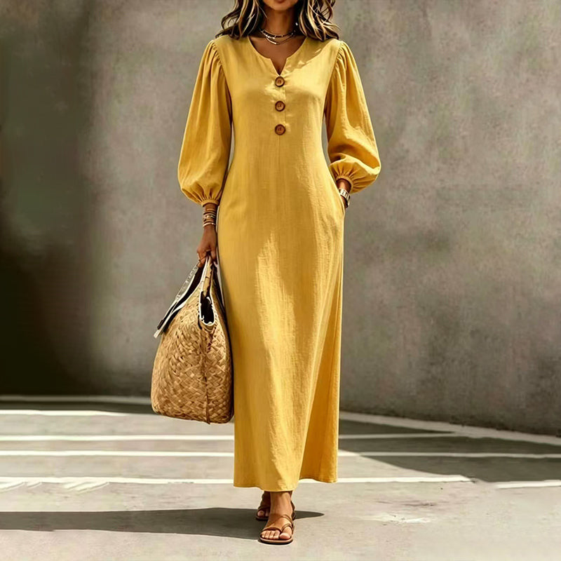 ✨👗Vestido maxi casual de decote em V para mulher, com mangas bufantes
