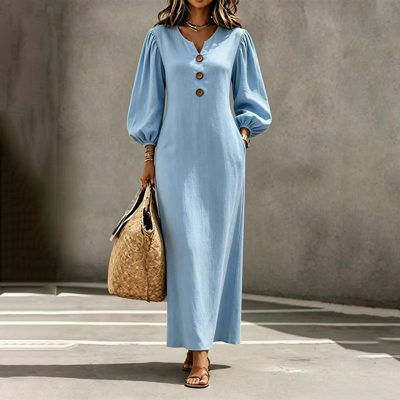 ✨👗Vestido maxi casual de decote em V para mulher, com mangas bufantes