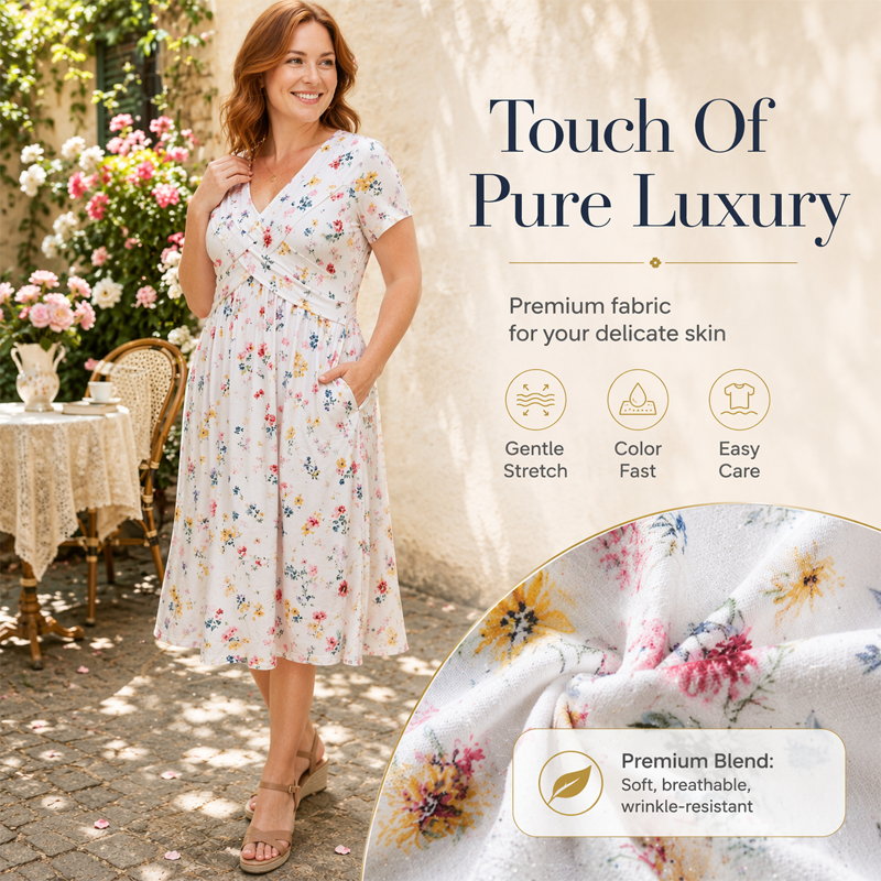 🌺👗Vestido de senhora com decote em V, padrão floral e cintura torcida
