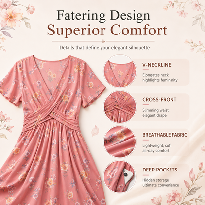 🌺👗Vestido de senhora com decote em V, padrão floral e cintura torcida