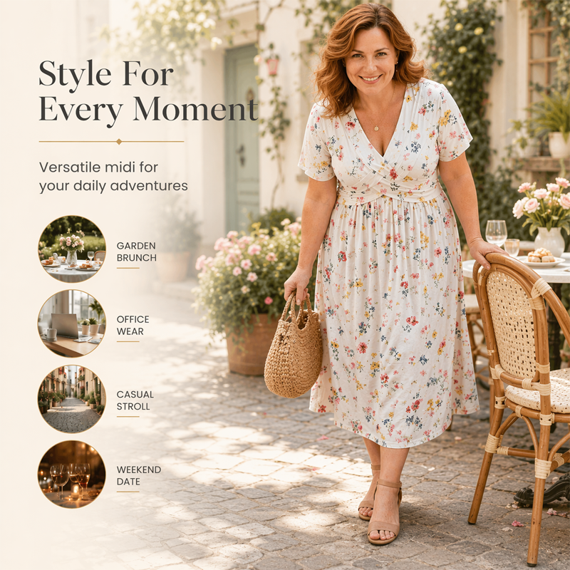🌺👗Vestido de senhora com decote em V, padrão floral e cintura torcida