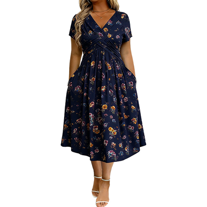 🌺👗Vestido de senhora com decote em V, padrão floral e cintura torcida