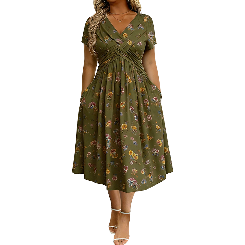 🌺👗Vestido de senhora com decote em V, padrão floral e cintura torcida