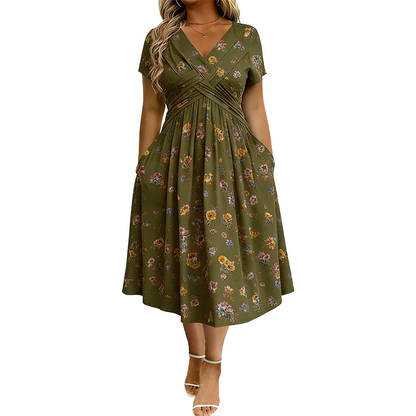 🌺👗Vestido de senhora com decote em V, padrão floral e cintura torcida