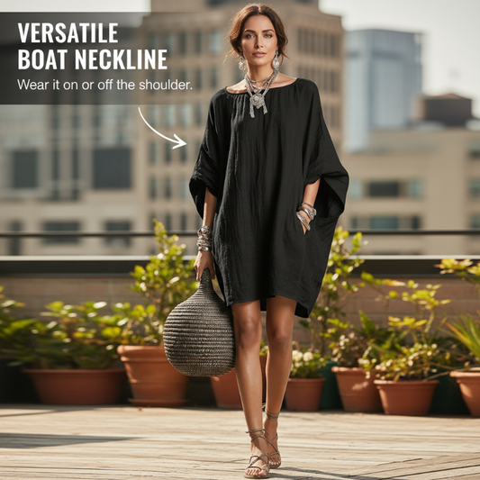 🌿Vestido oversized de algodão e linho com mangas em forma de asa de morcego