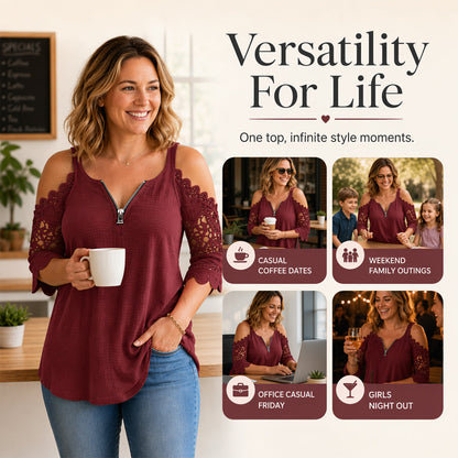 ✨👚Top feminino de renda com ombros à mostra e fecho de correr