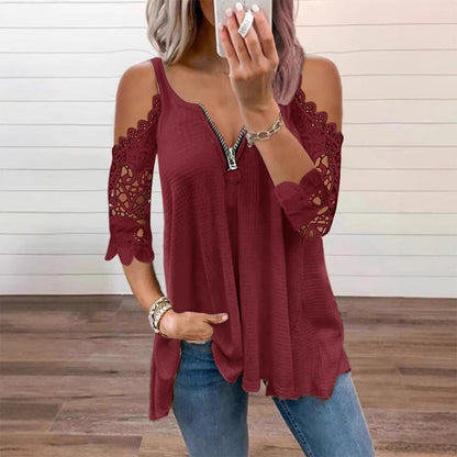 ✨👚Top feminino de renda com ombros à mostra e fecho de correr
