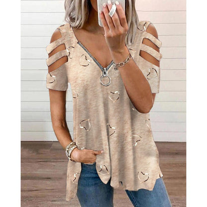 Heart Print V-Neck Zip T-Shirt
