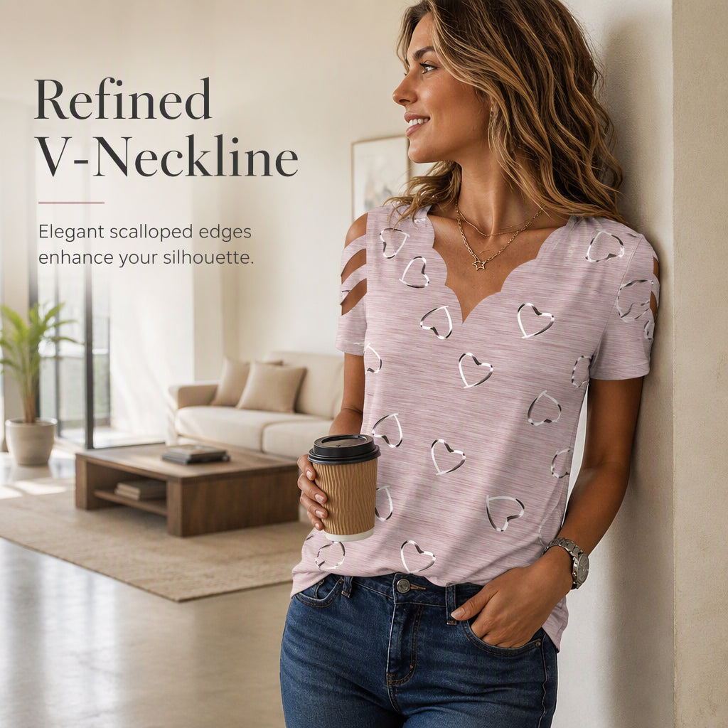 ✨👚Camisola feminina com decote em V recortado e estampado com corações