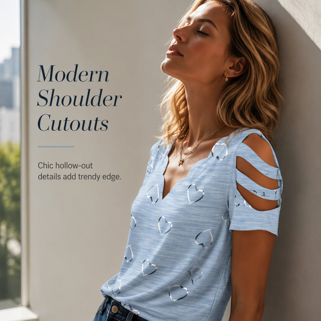 ✨👚Camisola feminina com decote em V recortado e estampado com corações