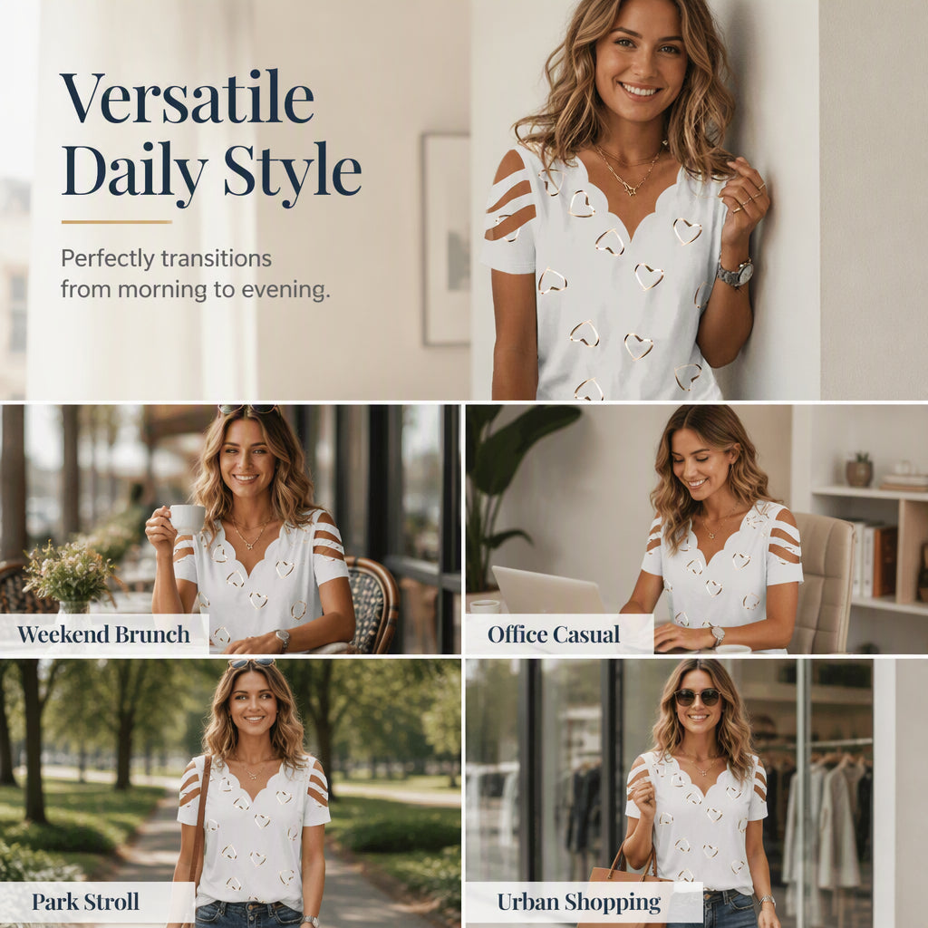 ✨👚Camisola feminina com decote em V recortado e estampado com corações