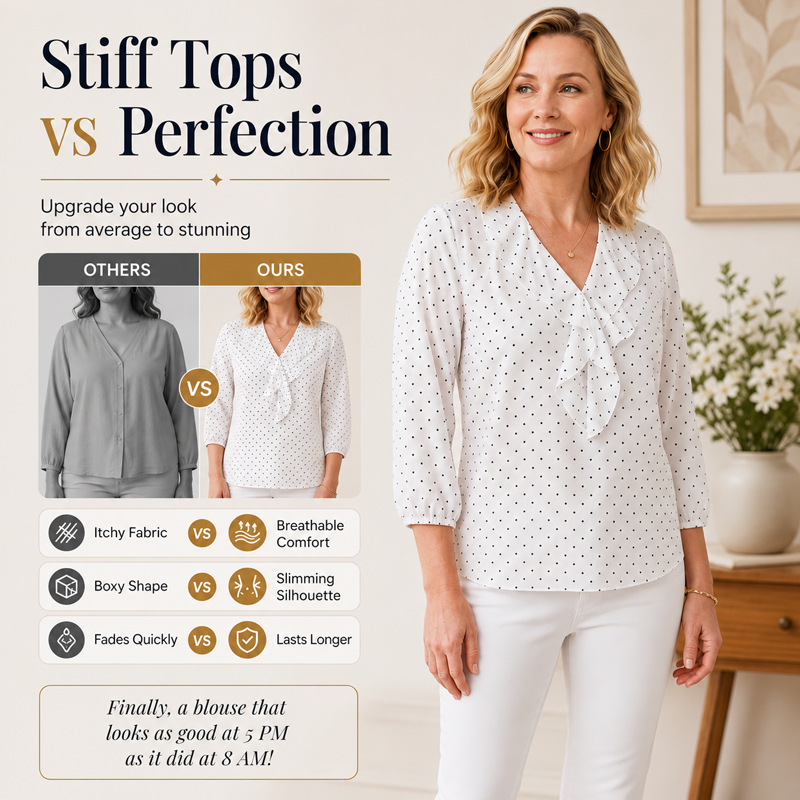 ✨👚Top feminino com babados, decote em V e mangas 3/4, com padrão de bolinhas