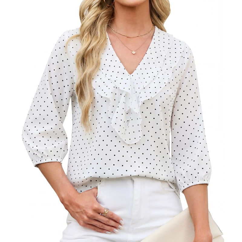 ✨👚Top feminino com babados, decote em V e mangas 3/4, com padrão de bolinhas