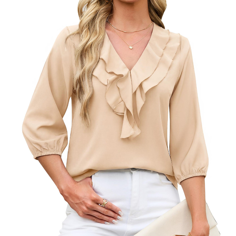 ✨👚Top feminino com babados, decote em V e mangas 3/4, com padrão de bolinhas