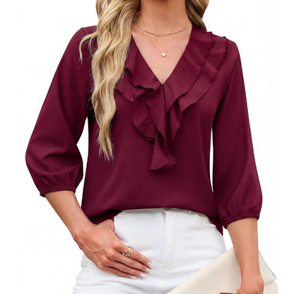 ✨👚Top feminino com babados, decote em V e mangas 3/4, com padrão de bolinhas
