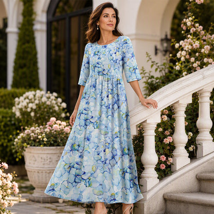 ✨Promoção Quente 50% DE DESCONTO 👗 Vestido Feminino de Manga Curta com Estampa e Bolsos