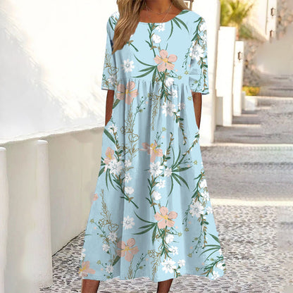 ✨Promoção Quente 50% DE DESCONTO 👗 Vestido Feminino de Manga Curta com Estampa e Bolsos