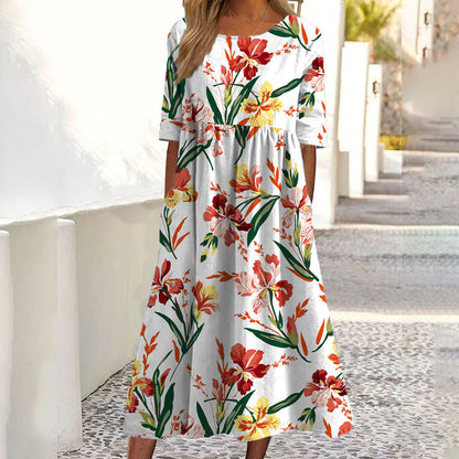 ✨Promoção Quente 50% DE DESCONTO 👗 Vestido Feminino de Manga Curta com Estampa e Bolsos
