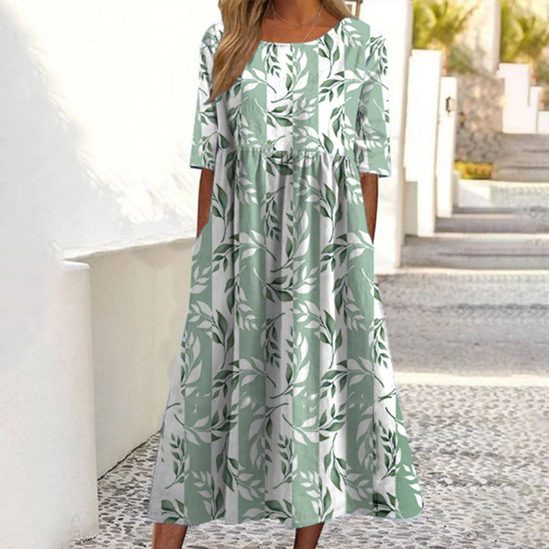 ✨Promoção Quente 50% DE DESCONTO 👗 Vestido Feminino de Manga Curta com Estampa e Bolsos