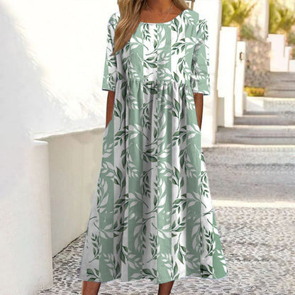 ✨Promoção Quente 50% DE DESCONTO 👗 Vestido Feminino de Manga Curta com Estampa e Bolsos